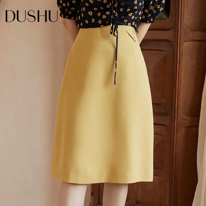 

DUSHU Plus size office lady elegant a-line skirt Women spring summer yellow high waist midi skirt Female casual purple skirt