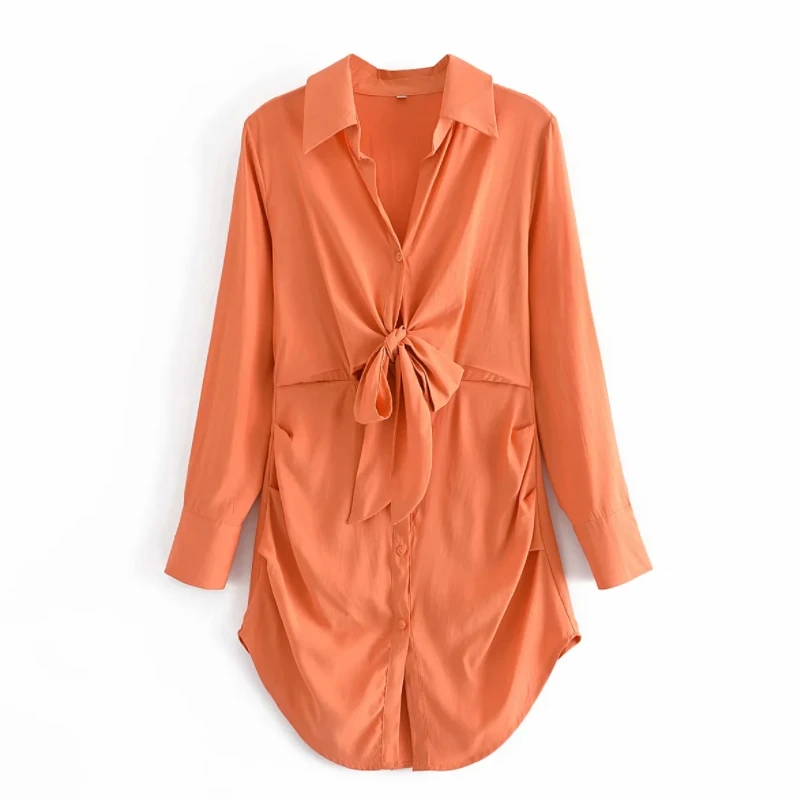 

Summer Women Lace Up Bow Decoration Mini Shirt Dress Female Long Sleeve Clothes Casual Lady Loose Vestido D7826
