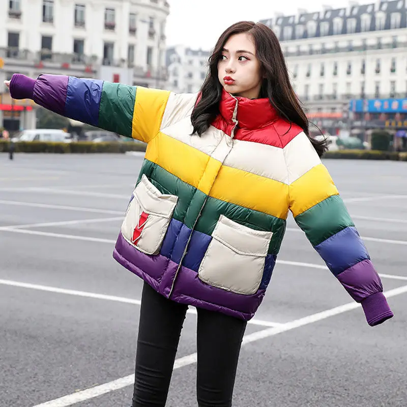 

Women Filling Cotton Rainbow Colors Jacket Autumn And Winter Casual Style Woman Parkas Female Coats