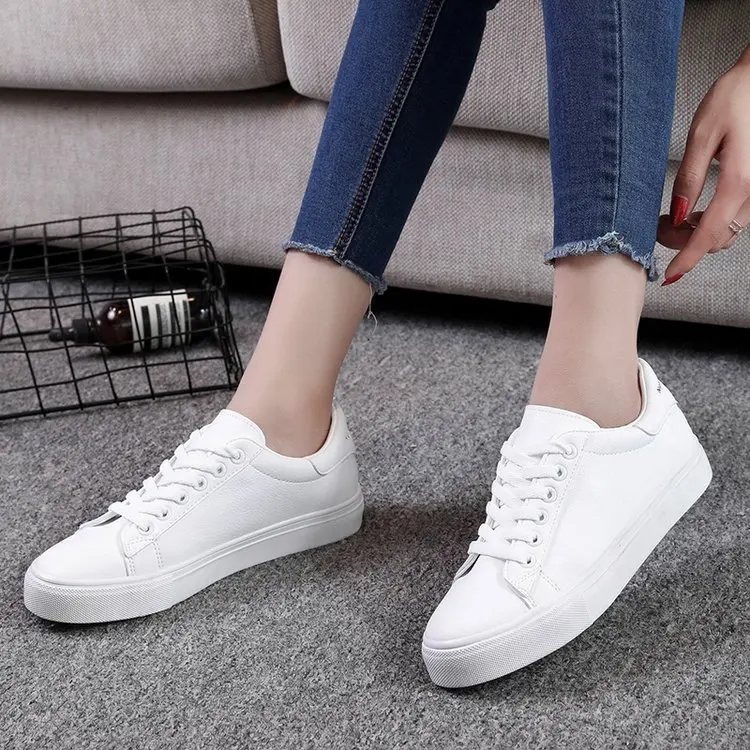 

Women Sneakers Fashion Breathble Vulcanized Shoes Women Pu leather Platform Shoes Women Lace up Casual Shoes White