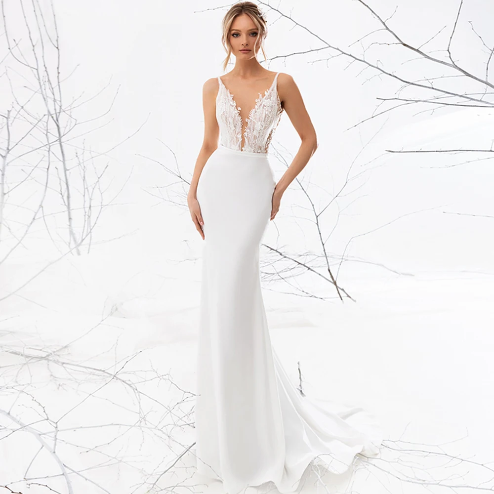

Elegant Boho V-Neck Mermaid Wedding Dress White Ivory Appliques Backless zipper Draped Bridal Gowns 2021 Vestido De Noiva