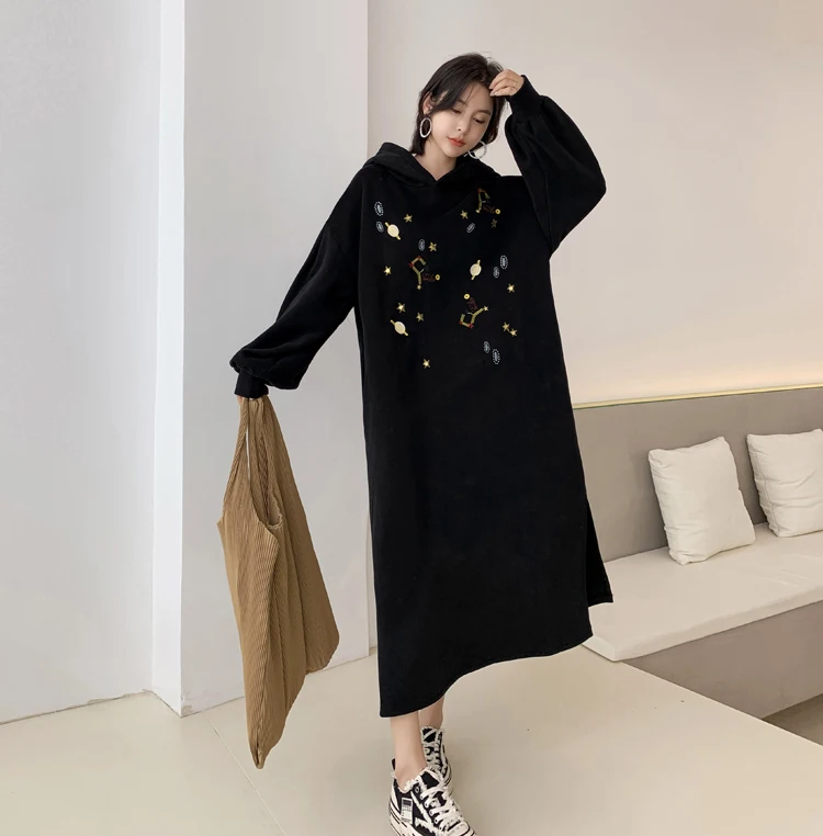 Black Starry Sky Embroidery Hooded Dresses Women Long Sleeve Casual Loose Dress Autumn Winter Warm Side Split Midi Dress
