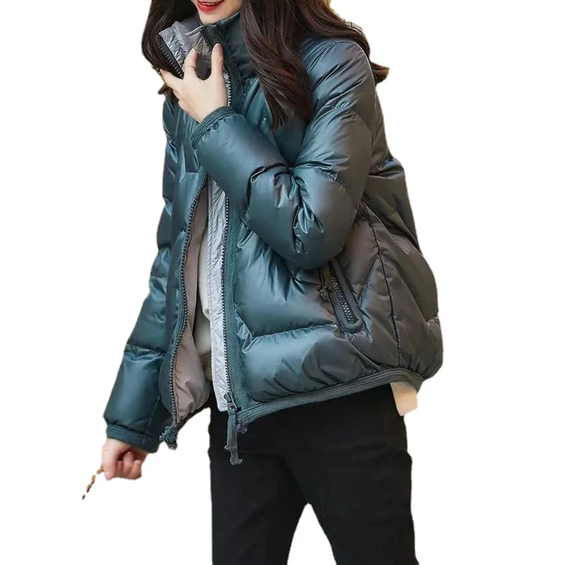 

Women's Short Cotton-padded Jacket Shiny Cotton Down Padded Pocket Keep Warm Jacket Korean Style Loose Stand Collar Thick Coat