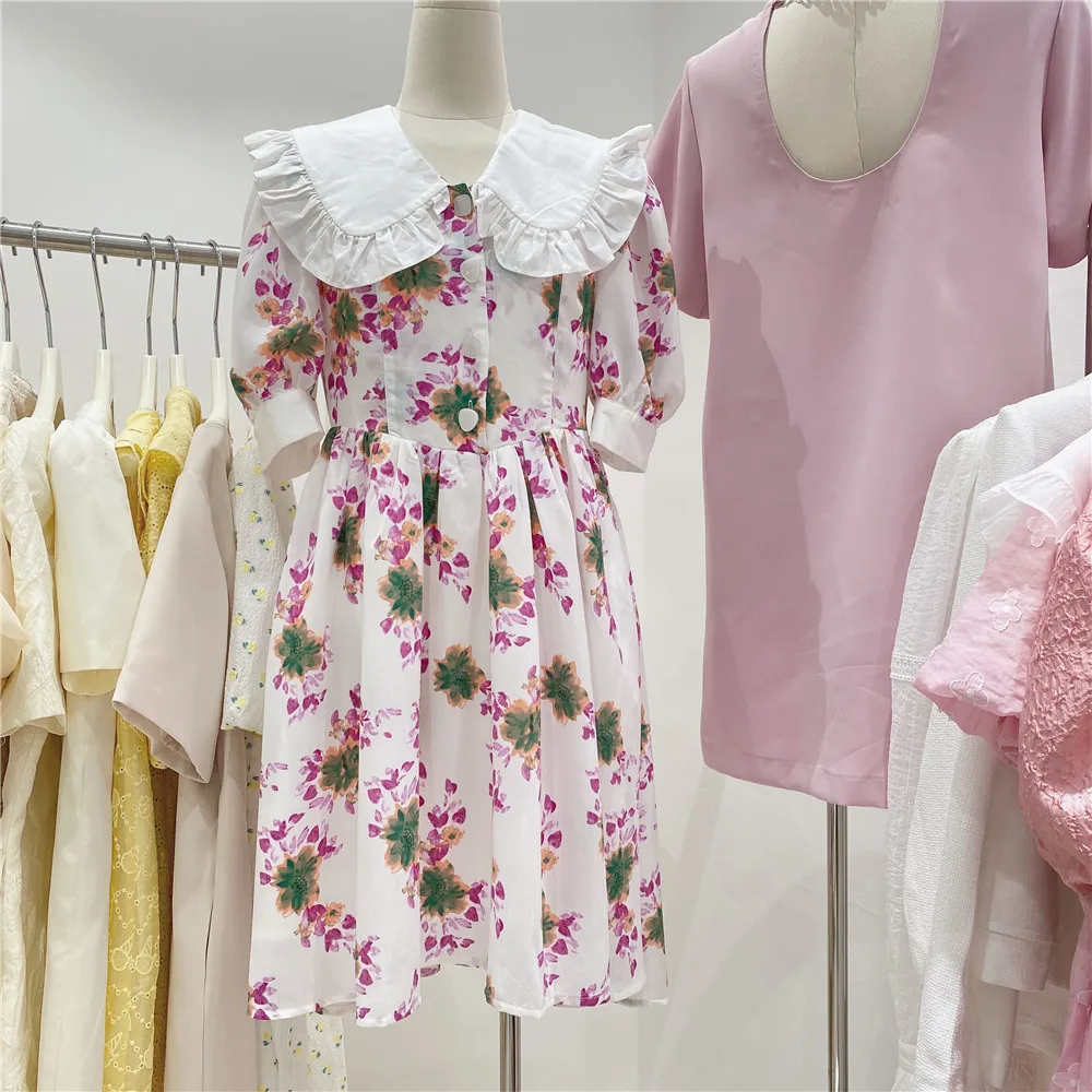 

Sweet Fashion Women Chic Peter Pan Collar Single-Breasted Floral Midi Dress Female Short Puff Sleeve Waist-slimming Dress