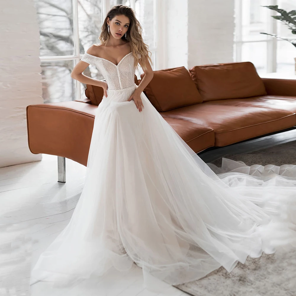 

Sexy Wedding Dress A Line Top Sparkling Sequin Off The Shoulder A Line Long Train Tulle Bridal Wedding Gown Robe Mariage