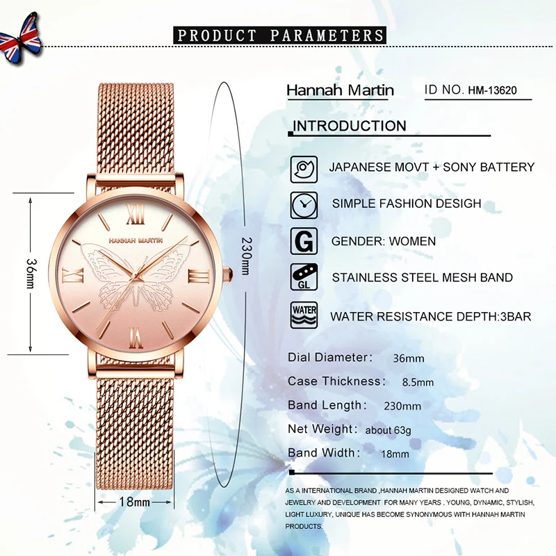 Hannah Martin женские часы с бабочкой водонепроницаемые кварцевые наручные тонкие