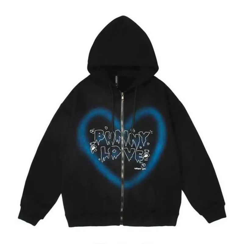 

Y2k Zip-up Hoodie Women Graffiti Heart Letter Kawaii Bear Print Streetwear Sweatshirt Hip Hop Autumn Harajuku Punk E-girl 2021