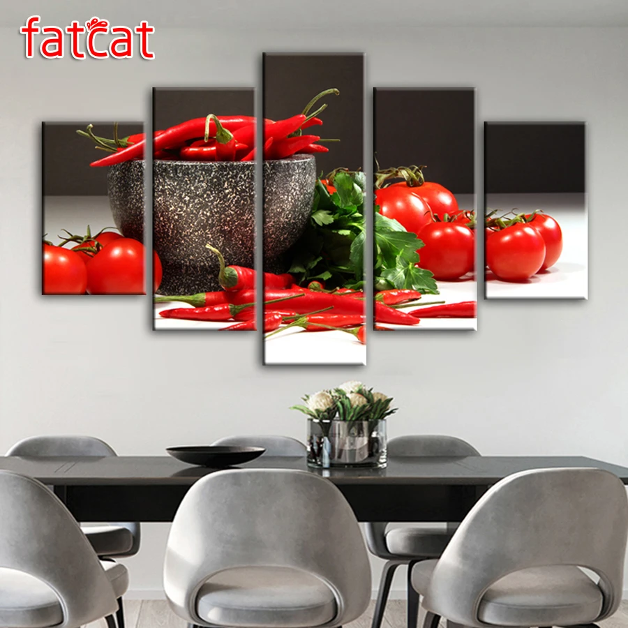 FATCAT 5 панелей кухонная помидор и Чили Diy Алмазная картина полностью квадратная