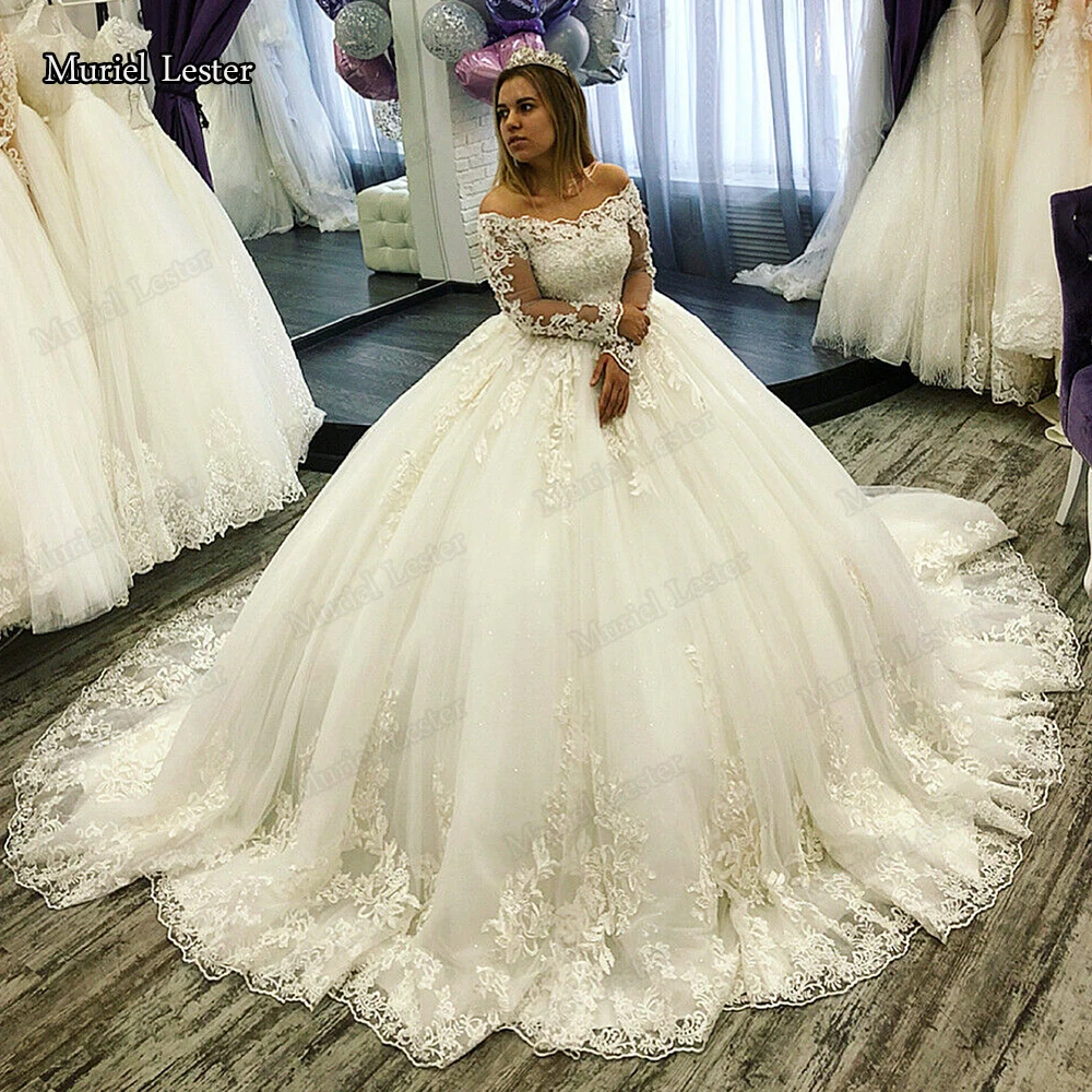 

Shinny Tulle White Ball Gown Wedding Dresses 2020 Long Sleeves lace Appliques Bridal Gowns Lace Up Back Design Vestidos De Novia