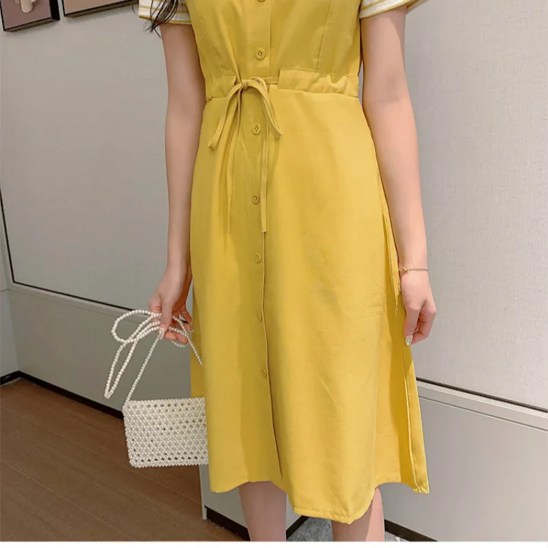 

2020 New Summer Round Collar Splicing Fake Two Medium Length Skirt Pieces of Yellow French Tuck The Waist Fairy One Pace Skirt
