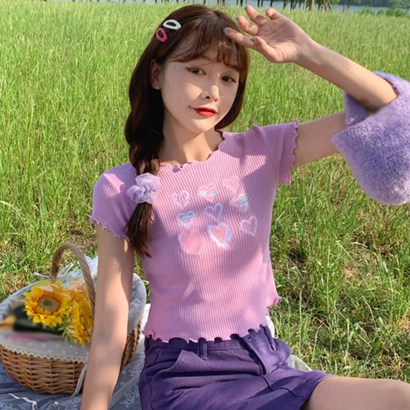 

Summer Ladies Sweet And Cute Round Neck College Style Wood Ear Knitted Tops Beach Short-Sleeved Wild T-Shirt