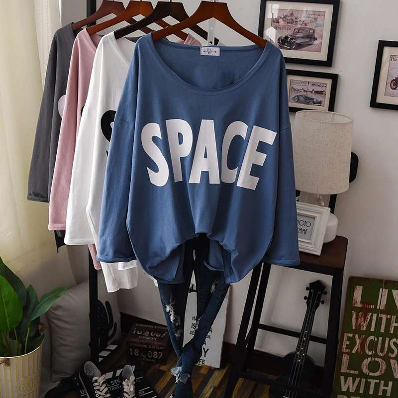 

2020 Summer Simple Cotton Tee Shirt Large Size Women Long Sleeve Letter Print Oversized T Shirt Plus Size Streetwear Tees Top