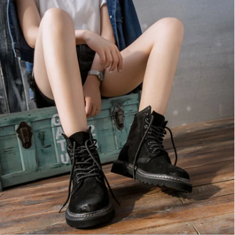 

Women's boots autumn winter British boots Martin boots leather medium tube frosted leather short boots women's motorcycle boots