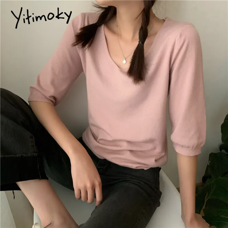 Женский трикотажный свитер с коротким рукавом и V-образным вырезом | Женская