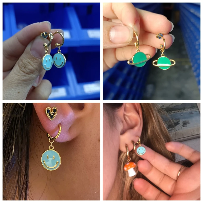 

MC 100% Real 925 Sterling Silver Earrings for Women Colorful Enamel Smile Face Piercing Ear Stud 2021 New Trend Pendientes