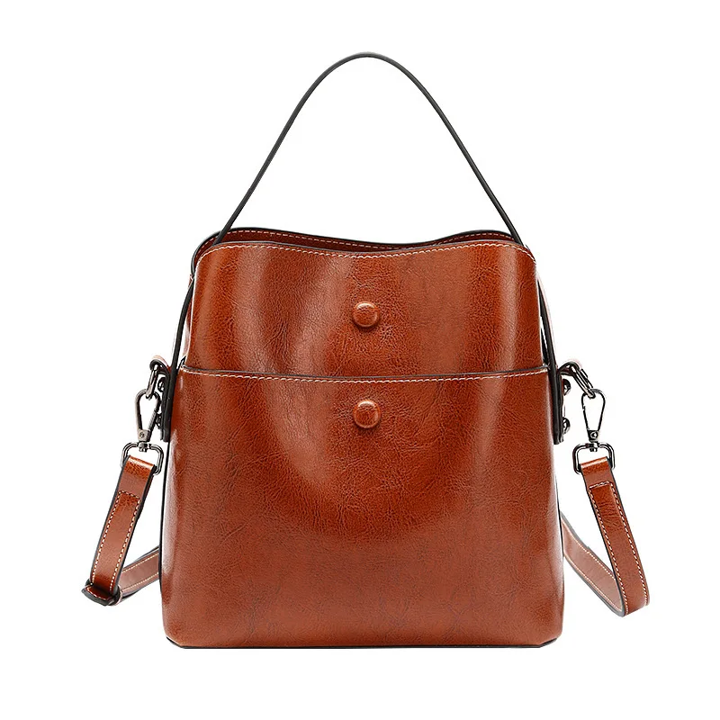 

Bag Female New European and American Hot Selling Wax Leather Bucket Bag Shoulder Cross-Body Portable All-match Factory Outlet