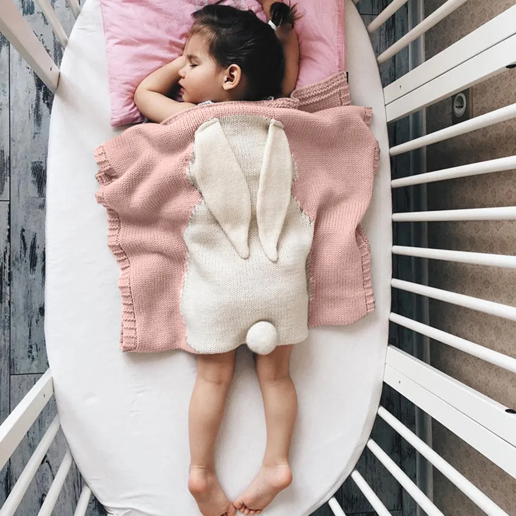 Детское одеяло s 73 × 108 см милое с большими заячьими ушками мягкое теплое Вязаное