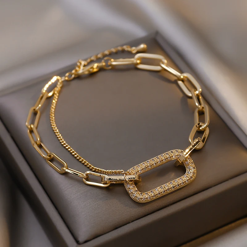 

Trendy Double-layer CZ Crystal Chain Bracelet for Woman Female Pendant Charm Bracelet Hip Hop Jewelry pulseras mujer pulsera