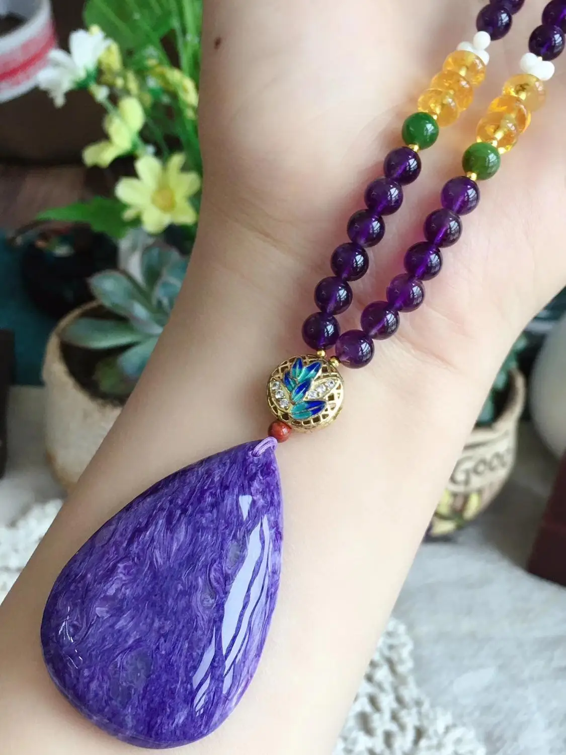

Natural Purple Charoite Water Drop Pendant 48×32×11mm Crystal Round Beads Men Woman Love Gift Necklace Pendant Jewelry AAAAA