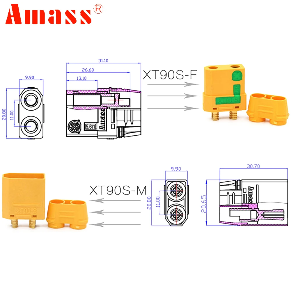 XT90-S соединитель Amass XT90S антиискра для аккумулятора Lipo FPV дрона квадрокоптера