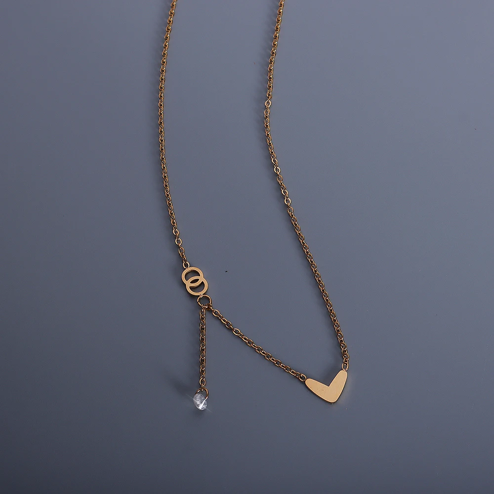 

TOSOKO Stainless Steel Jewelry Peach Heart Double Ring Necklace Tassel With Zircon Sweet Clavicle Chain For Women BSP608