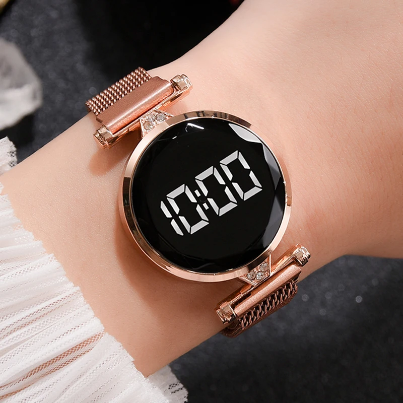 Роскошные цифровые светодиодные часы цвета розового золота для женщин дамский