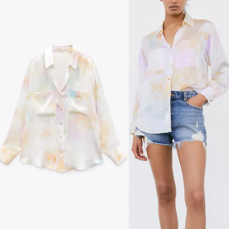 

Za 2021 Tie Dye Satin Summer Shirt Women Long Sleeve Front Patch Pockets Vintage Shirts Metal Button Female Casual Blouse Top