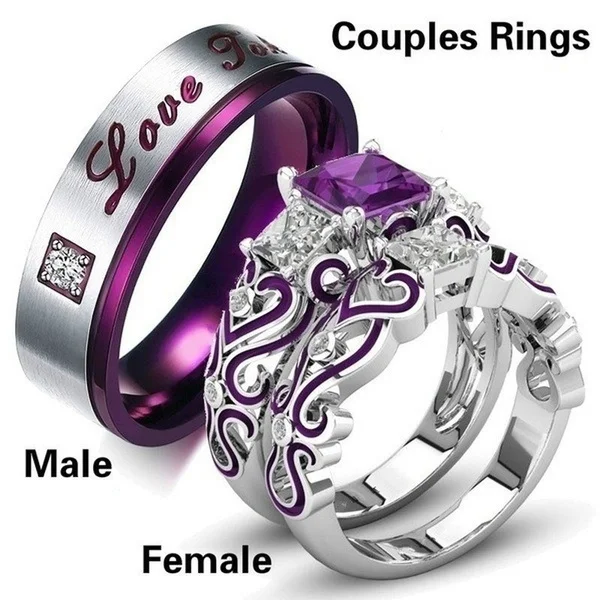 

New Style Fashion Couple Ring Jewelry Men's Stainless Steel Ring and Women's Purple Zircon Silver Plated Bride Engagement Ring