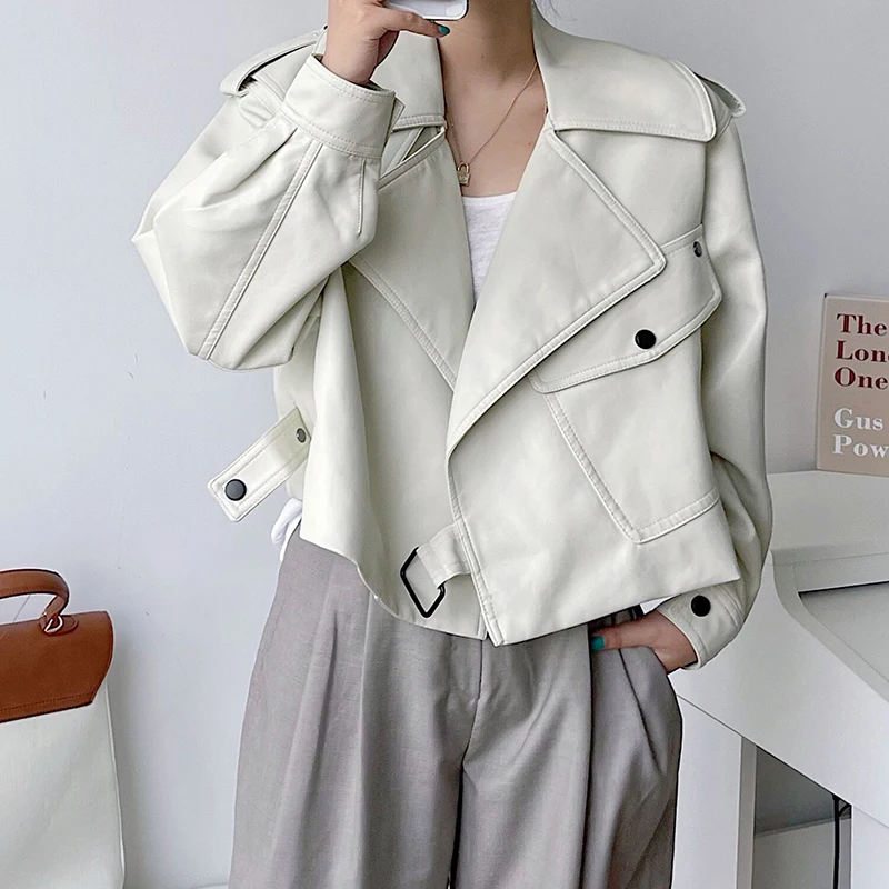 

LY VAREY LIN New Spring Autumn Women Fashion Turn-down Collar Loose Leather Jacket Lady Motorcycle Biker Punk Short Outerwear