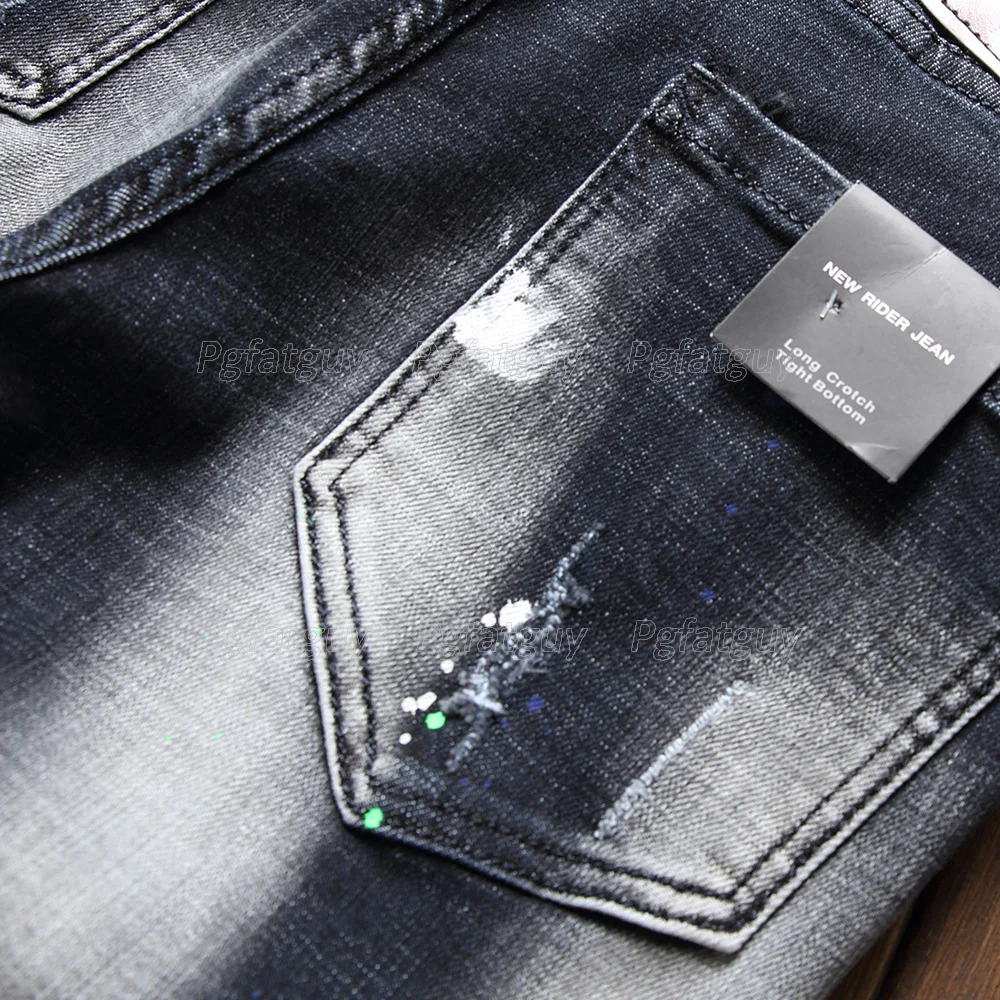 

Retro Black Ripped Hole Patch Men's Slim Stretch Jeans Embroidered Denim Pants 2021 Fashion Casual Streetwear Male Clothing