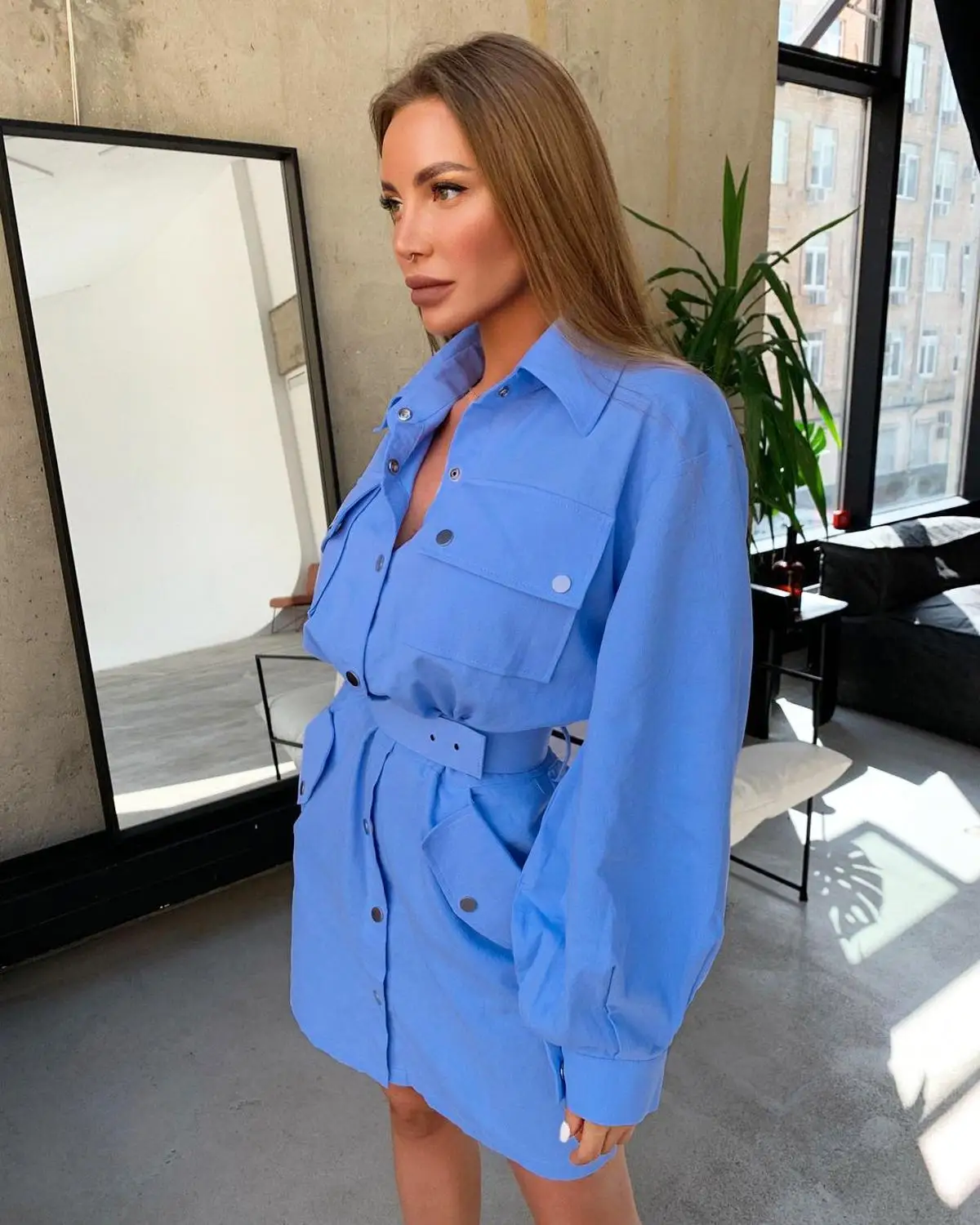 

Newest Cargo Style Women Dresses Autumn Lantern Sleeve Lapel Collar Single Breasted With Belt Bodycon Mini Dress All Matching