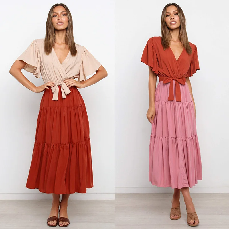 

Spring / Summer 2021 New Wih Women's Fashion Bow V-neck Splicing Dress