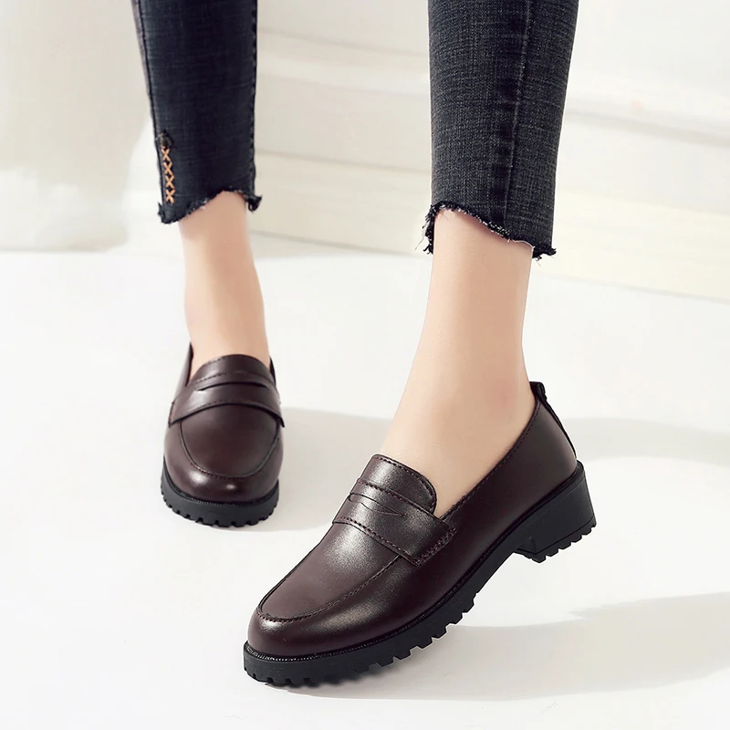 

Women Flats Vintage Shoes 2021 Summer Mid Heeled Office Shoes Flats Oxfords Elegant Brown Loafers Shoes Boat Shoes Leather Flats