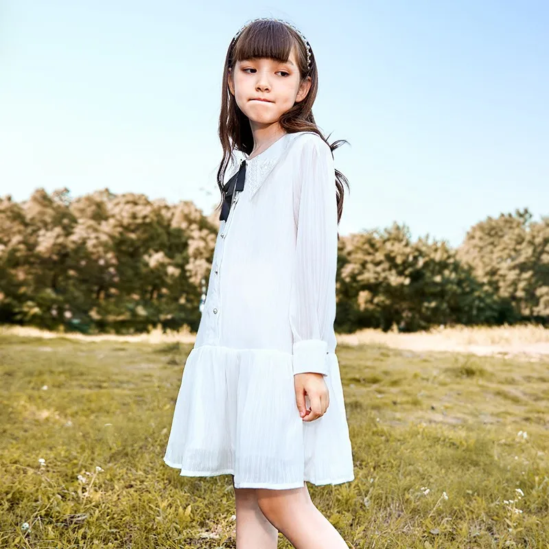 

Fashion Chiffon Dress For Girls Long Sleeve Loose Hem Mid Lenght Gowns Kids Birthday Wedding Party Dresses Clothes For Children