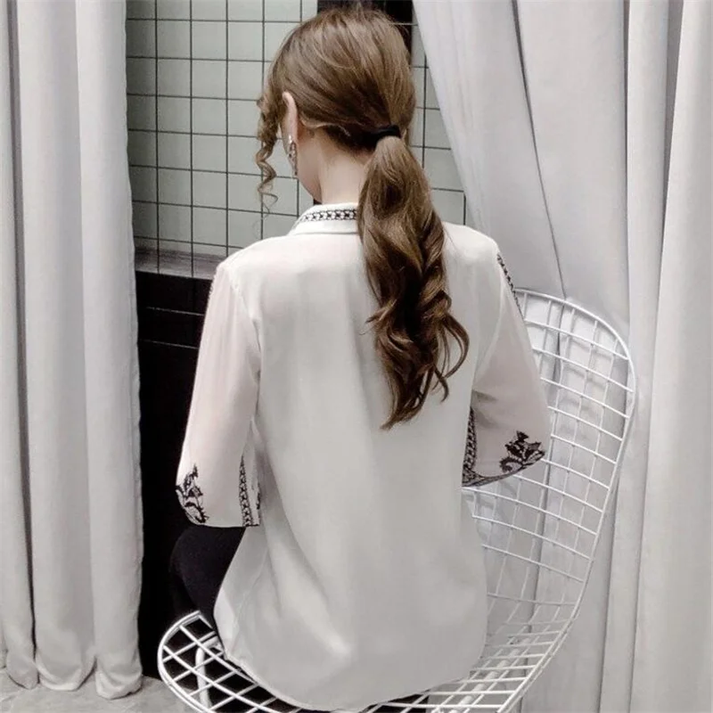 Винтажная шифоновая рубашка с принтом женские блузки пуловер отложным