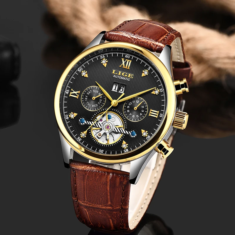 LIGE Брендовые мужские часы автоматические механические часы Tourbillon спортивные часы кожаные повседневные деловые часы в ретро-стиле Relojes Hombre