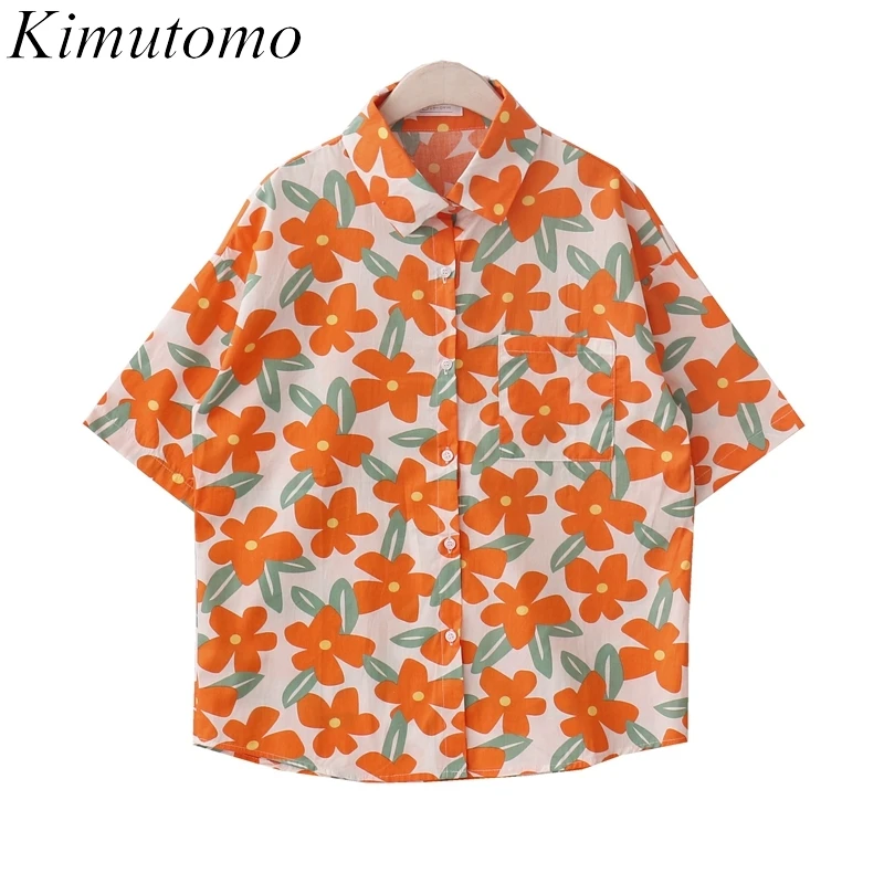 

Винтажная блузка с цветочным принтом Kimutomo, свободная модная Корейская летняя шикарная Женская однобортная рубашка с коротким рукавом, Повс...