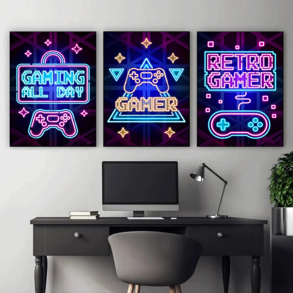 Неоновые Красочные картины на холсте Постер и печать игровой комнаты модульное