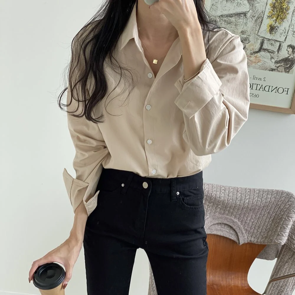 

Office Lady Shirt Long Sleeve Single Breasted Loose Turn Down Collar Solid Color Female Blouses Summer Spring Casual Blusas
