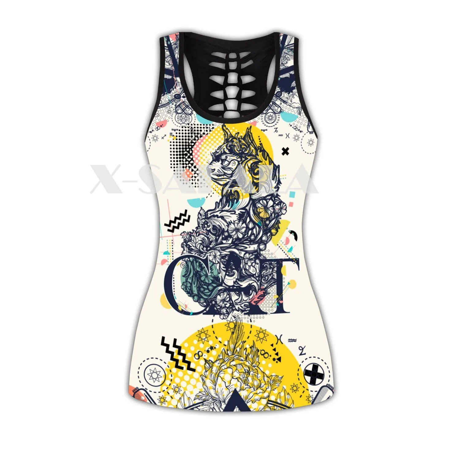 

Cat Tattoos Animal Two Piece Yoga Set Women 3D Print Vest Hollow Out Tank Top High Waist Legging Summer Casual Sport