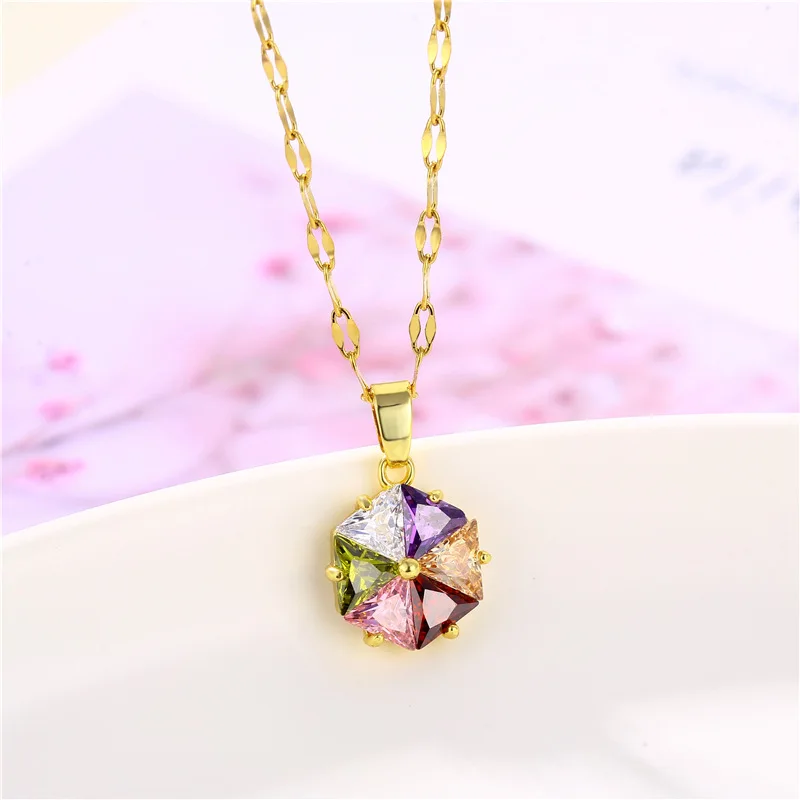 

Shining Six Colors Geometry Rhombus Zircon Crystal Pendant Short Women Necklaces Fashion Party Accessories Female Neck Chain