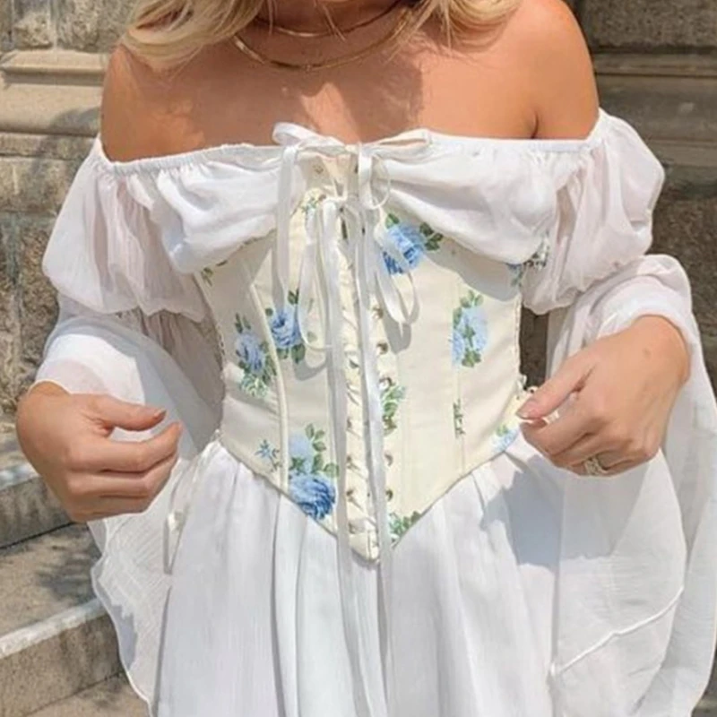 

Elegant Floral Lace Up Belt Corset Knitted Top Women Boho Bustier Corset Top
