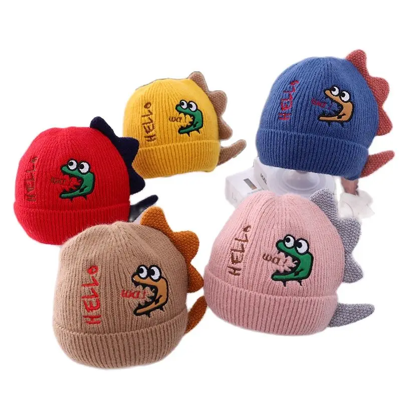 

High-quality baby cartoon hat knitted hat with velvet warm embroidered dinosaur hat unisex yellow red brown pink blue