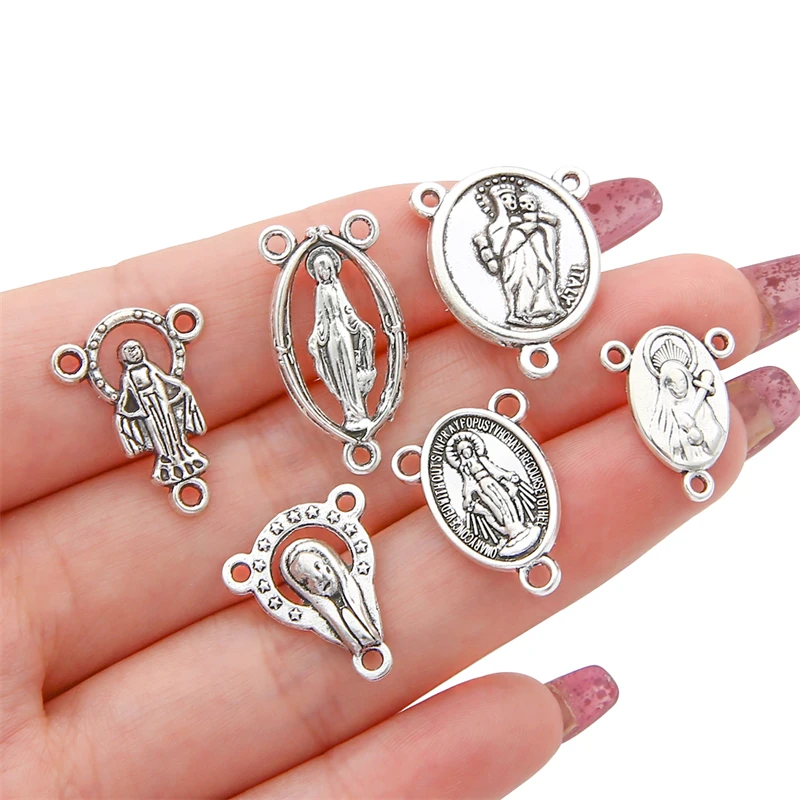 10-20pcs Antique Silver Metal Jesus Mother Mary Charm Pendants Connector for DIY Rosary Necklace Earring Tassel Jewelry Making
