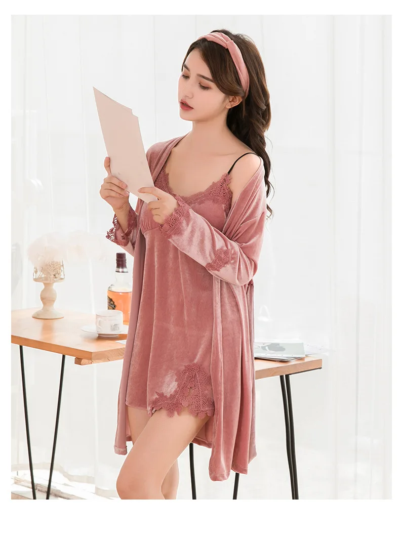 

Sleepwear Velour Lady 4PCS Sleep Set Pajamas Lace Patchwork Kimono Bathrobe Gown Sexy Intimate Lingerie Nightgown Sexy Home Wear