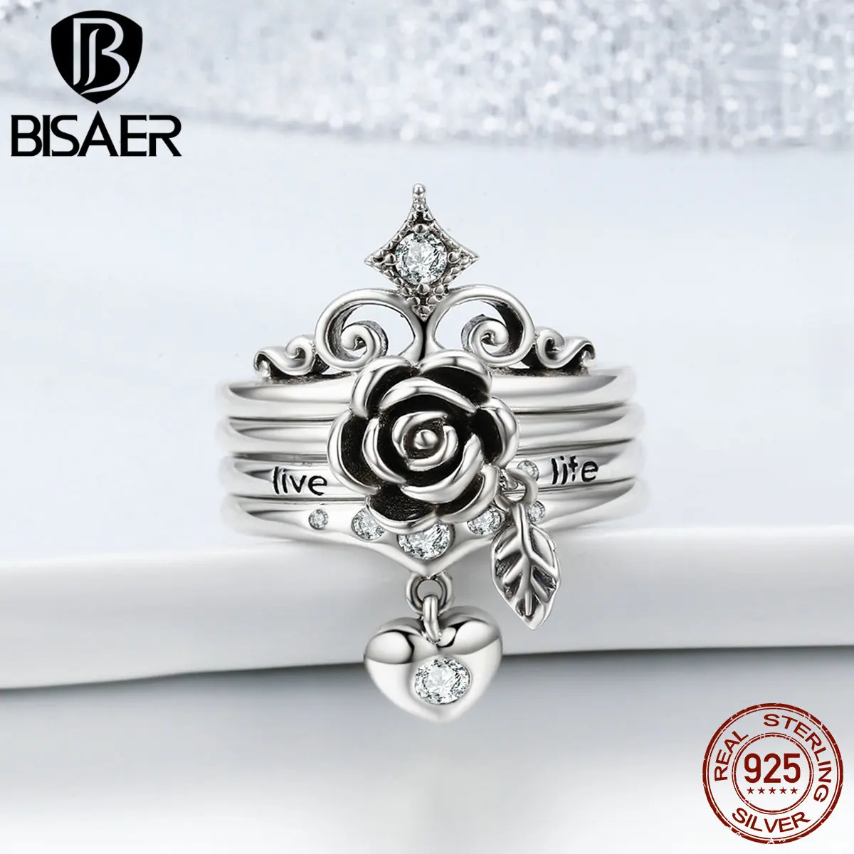 BISAER горячая Распродажа 925 пробы Серебряная Женская подвеска в виде сердца прозрачный CZ женские кольца на палец для женщин ювелирные изделия для помолвки GXR276