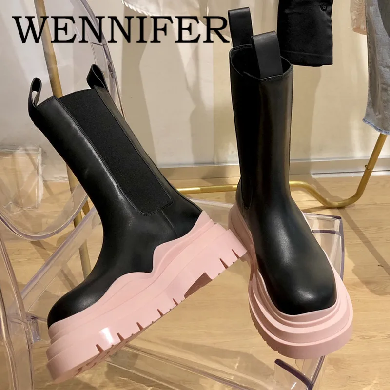 

2021 Leather Tire Two-Tone Women Boots Round Toe Mid-Calf Thick Sole Chelsea Boots Hiking Casual Chunky Heels Botas De Mujer
