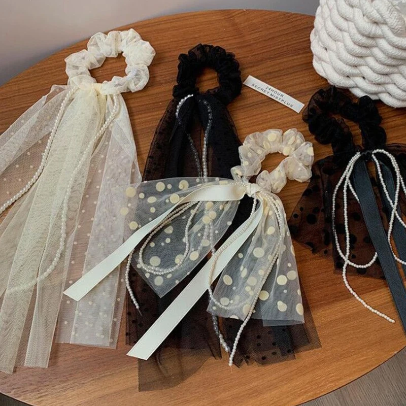 

2021 New Fashion Super Fairy sweet streamer polka dot net yarn satin ribbon bow knot Head Rope Hair Rope Hair band Hair ring