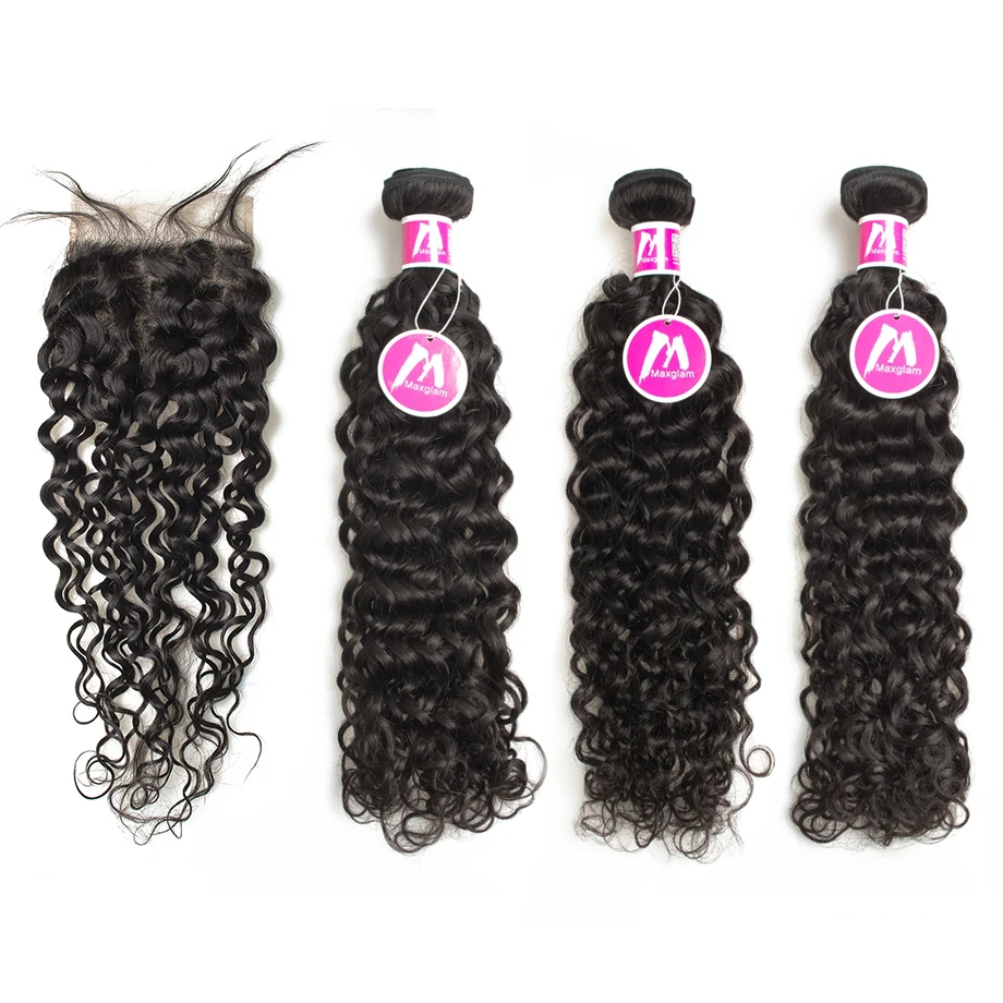 

Brazilian Human Hair Weave Bundles with Closure Water Wave Short Natural Long Remy Hair Extension for Black Women 3 Bundles