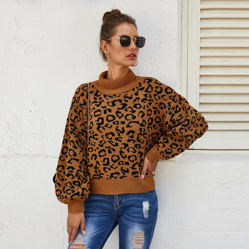 

Модный коричневый джемпер с леопардовым принтом на осень и зиму, женская повседневная трикотажная водолазка, пуловеры, свитер, топы для жен...